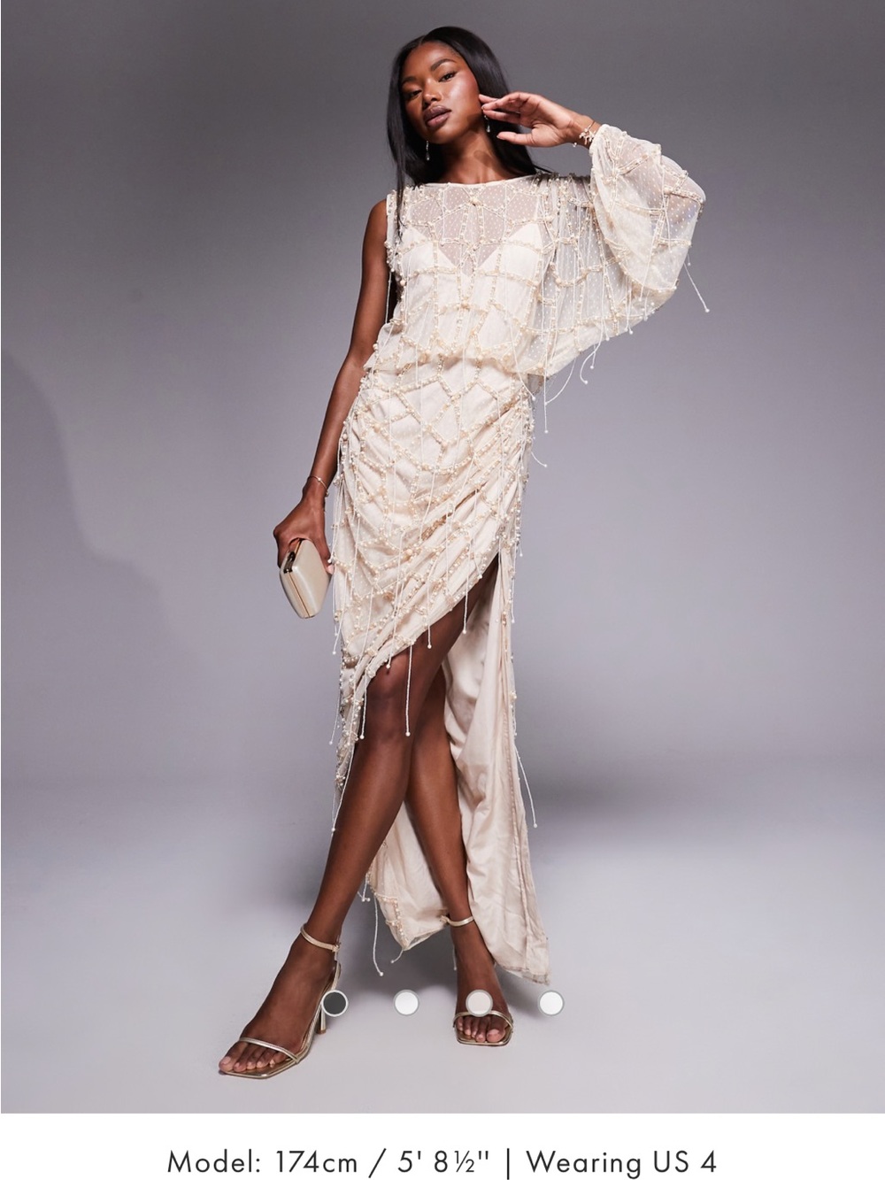 ASOS DESIGN pearl and fringe embellished drape maxi dress in cream